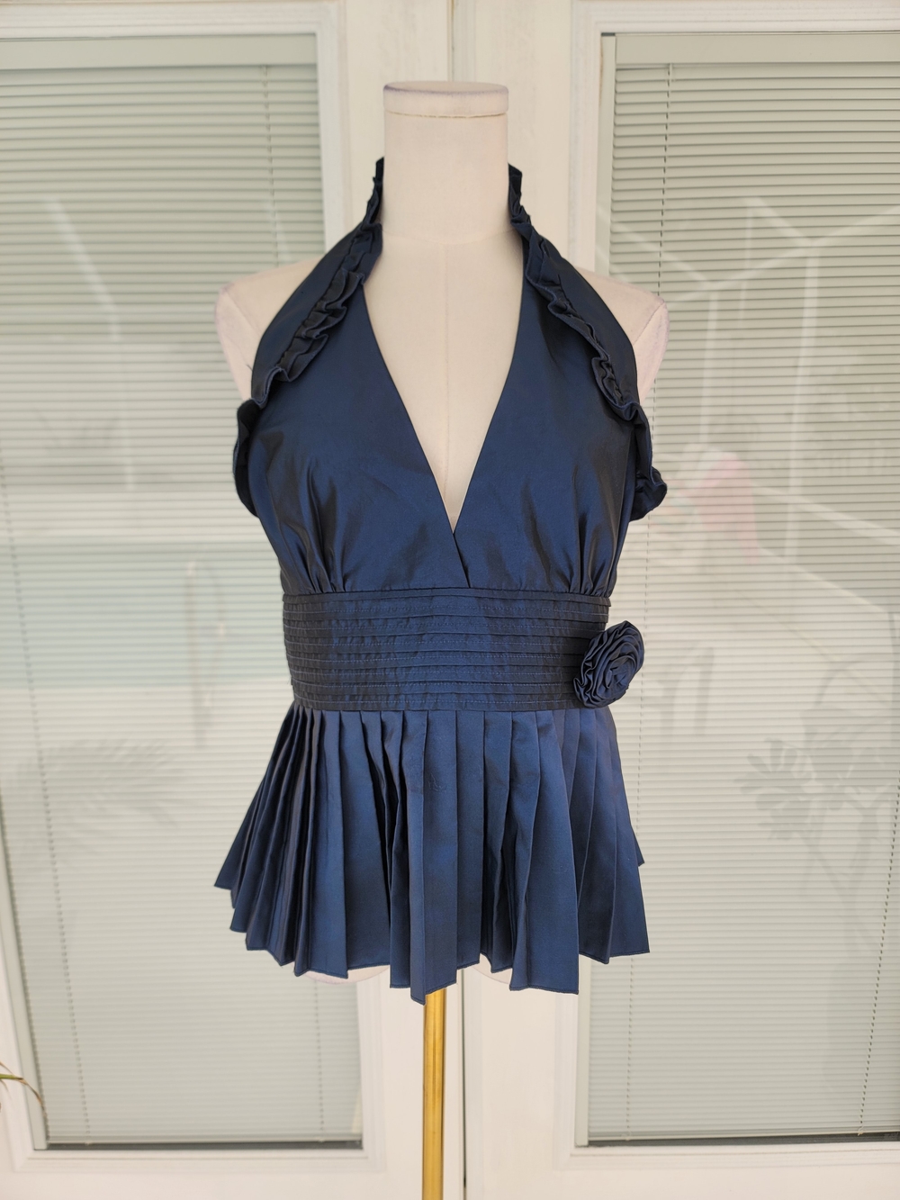 Bebe Blue Vintage Metallic Pleated Halter Camisole Y2K